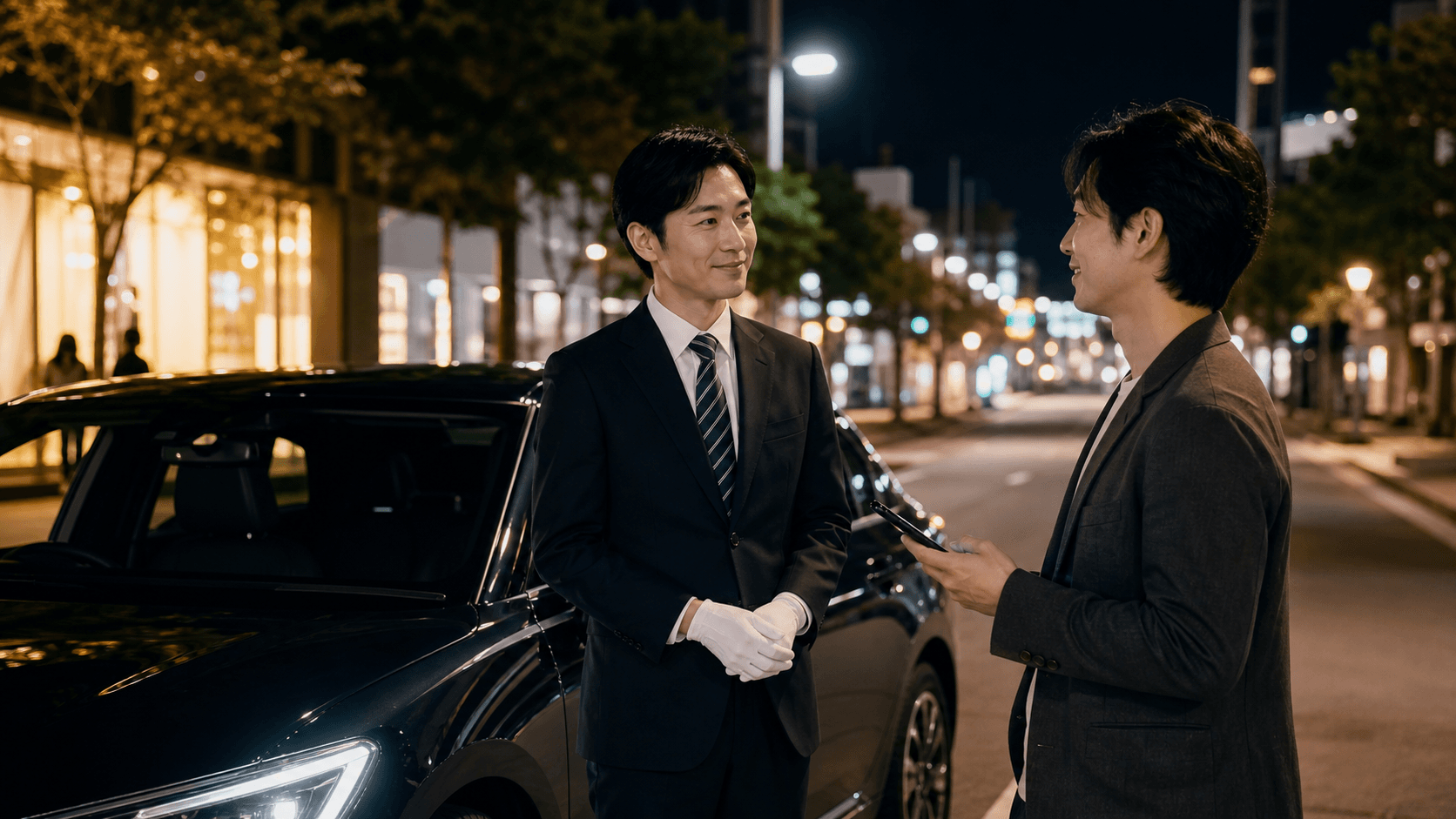 夜の街で運転代行ドライバーと利用者が待ち合わせる様子